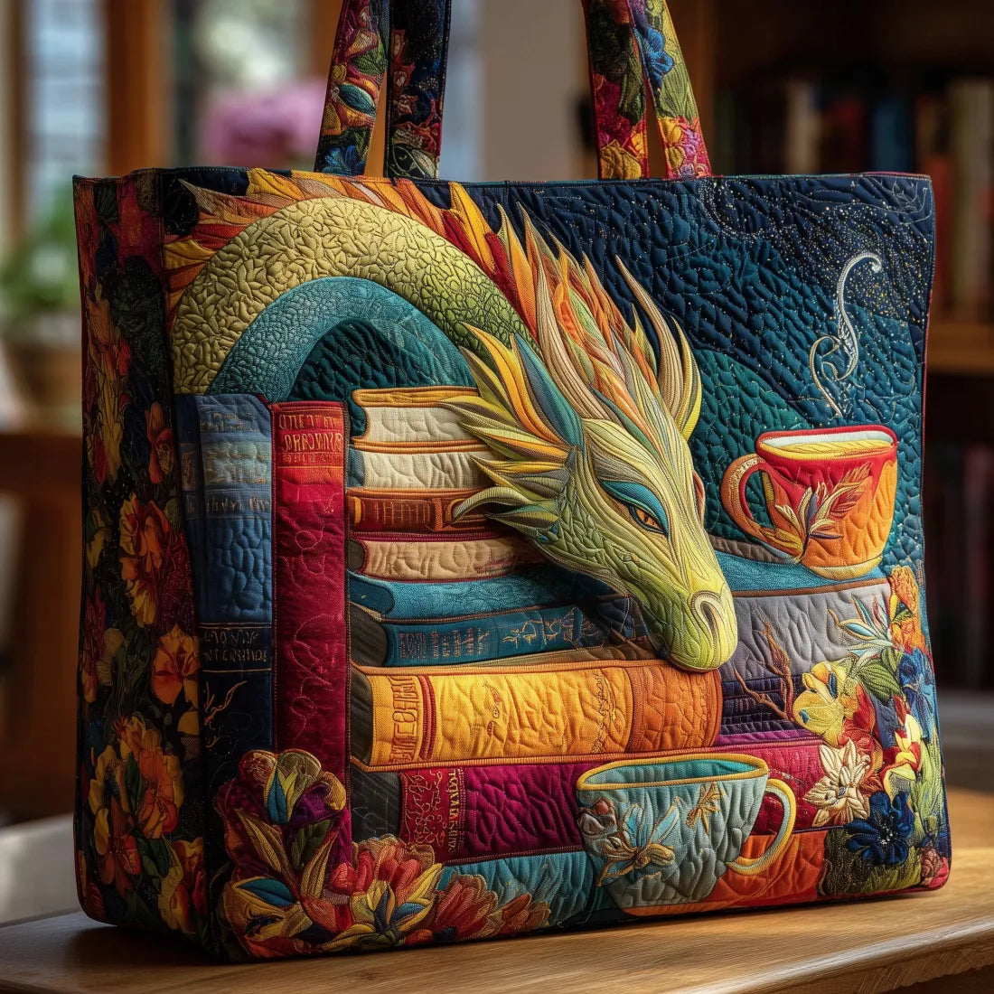 Bolsa Artesanal de Dragón con Libros y Tazas