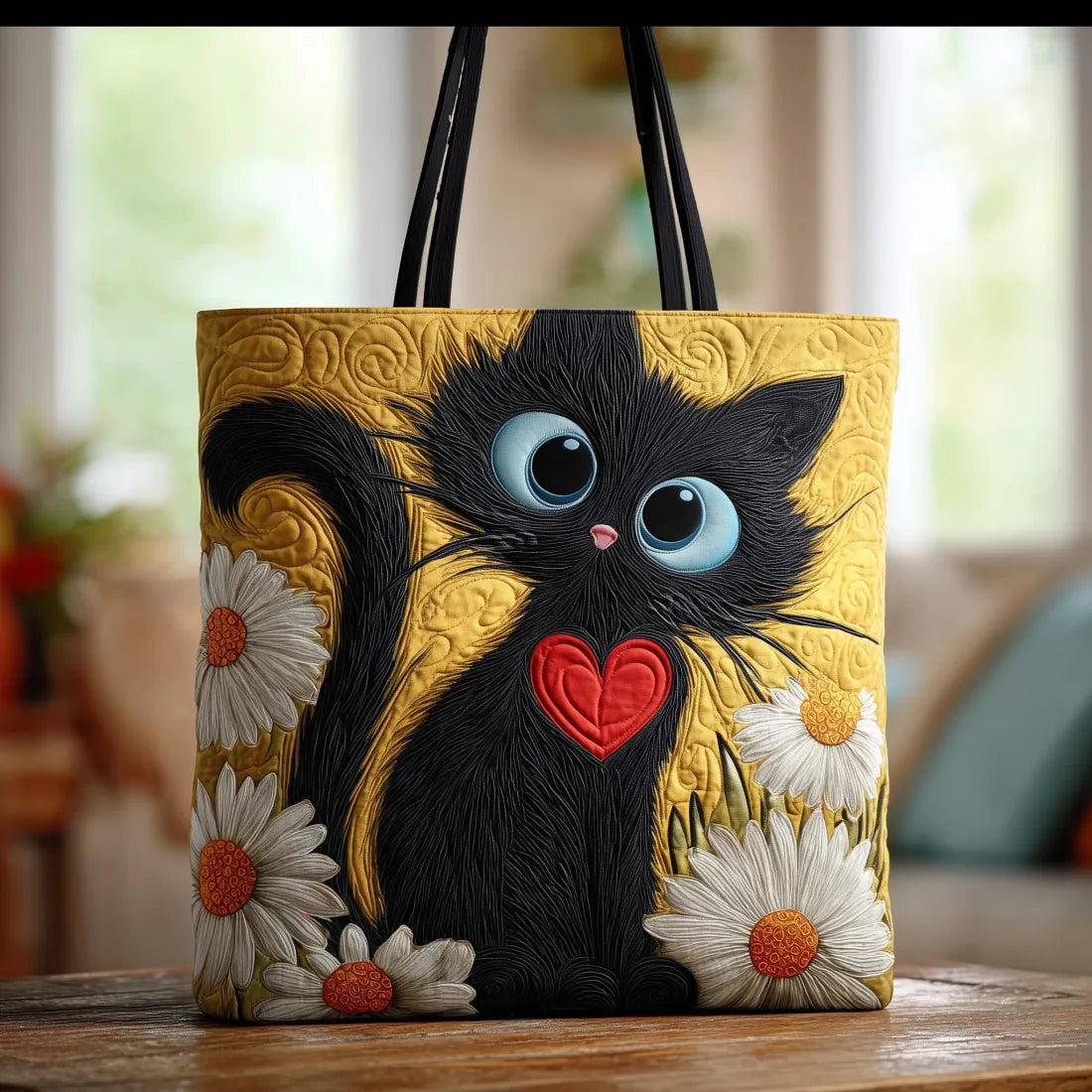 Bolsa Artesanal Chat Noir con Corazón y Margaritas