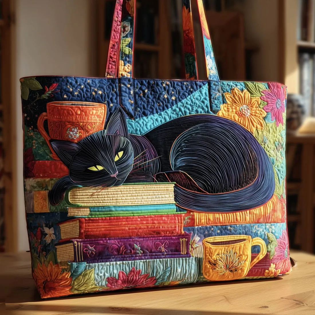 Bolsa Artesanal Chat Noir con Libros y Tazas